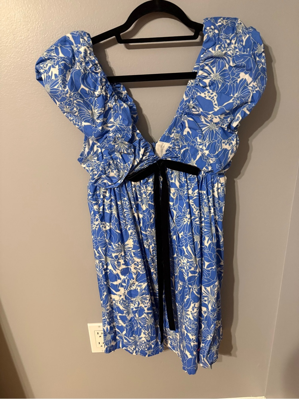 Blue and White Floral Midi Dress with Black Tie